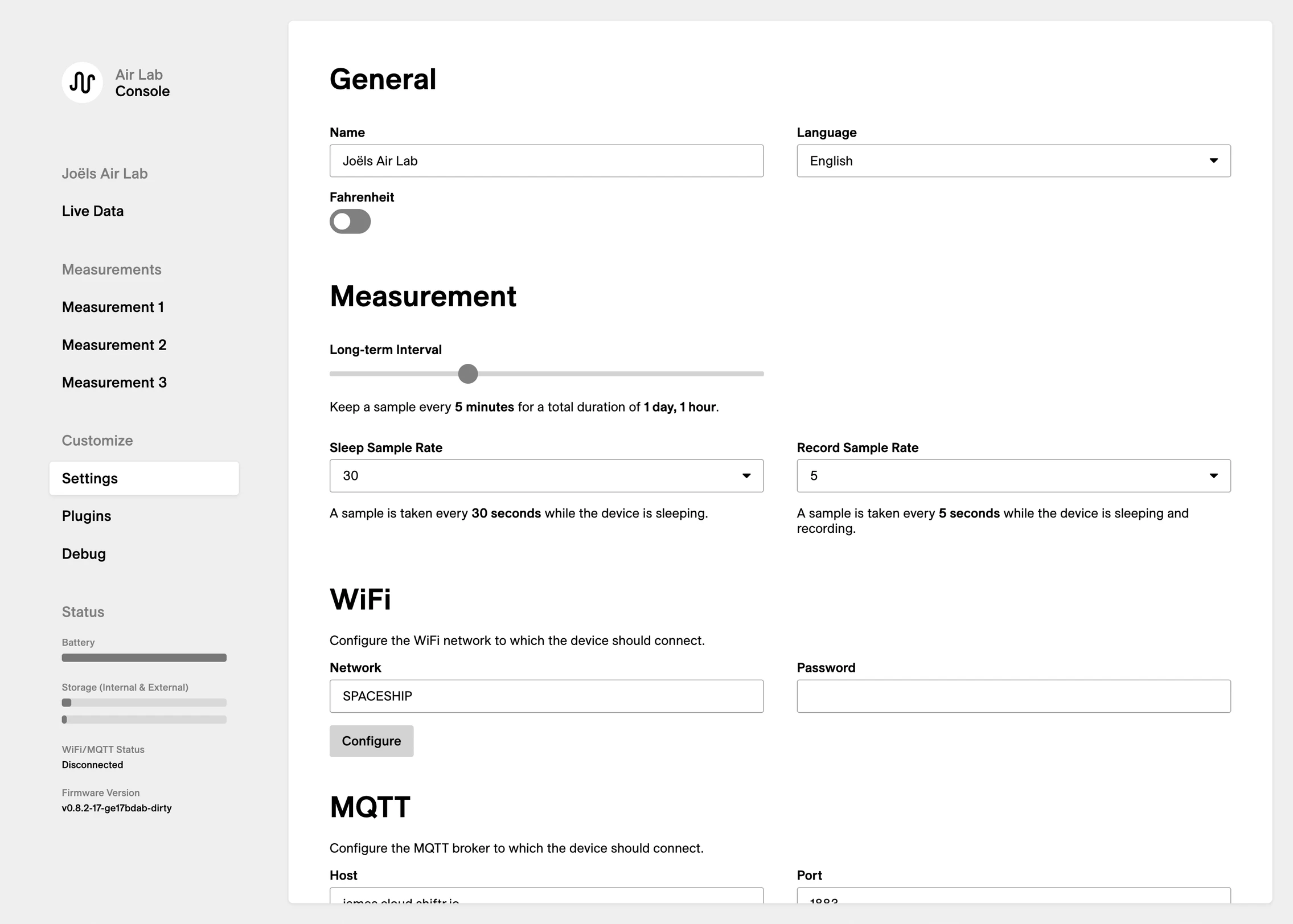 Air Lab Console – Settings